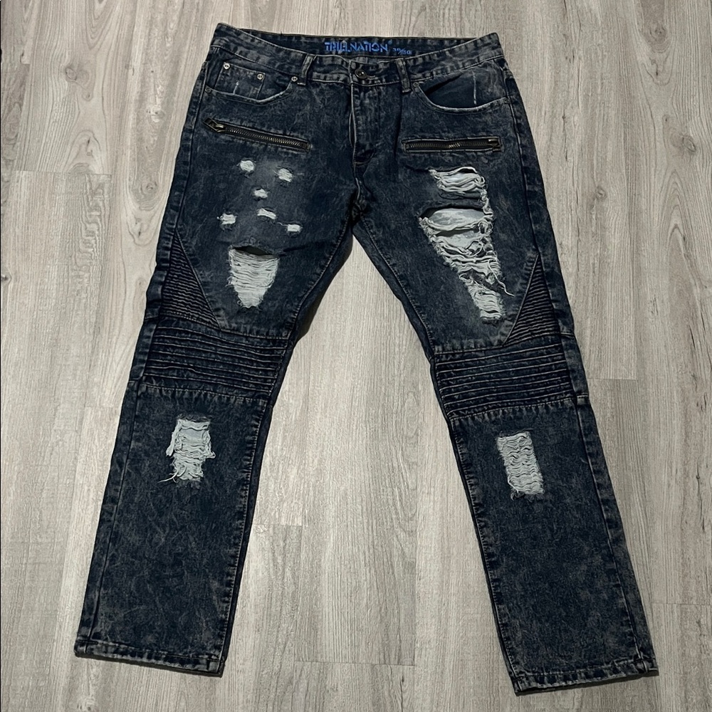 Trillnation Men's Distressed Denim Jeans Zipper Pockets